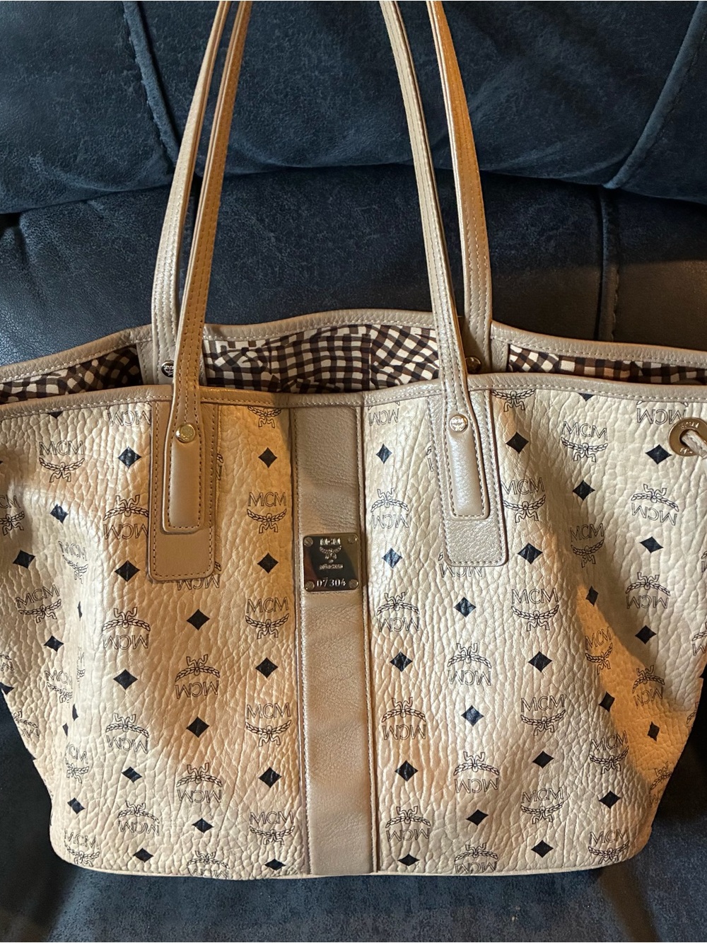 MCM Cream Logo Coated Canvas Tote with Black Accents